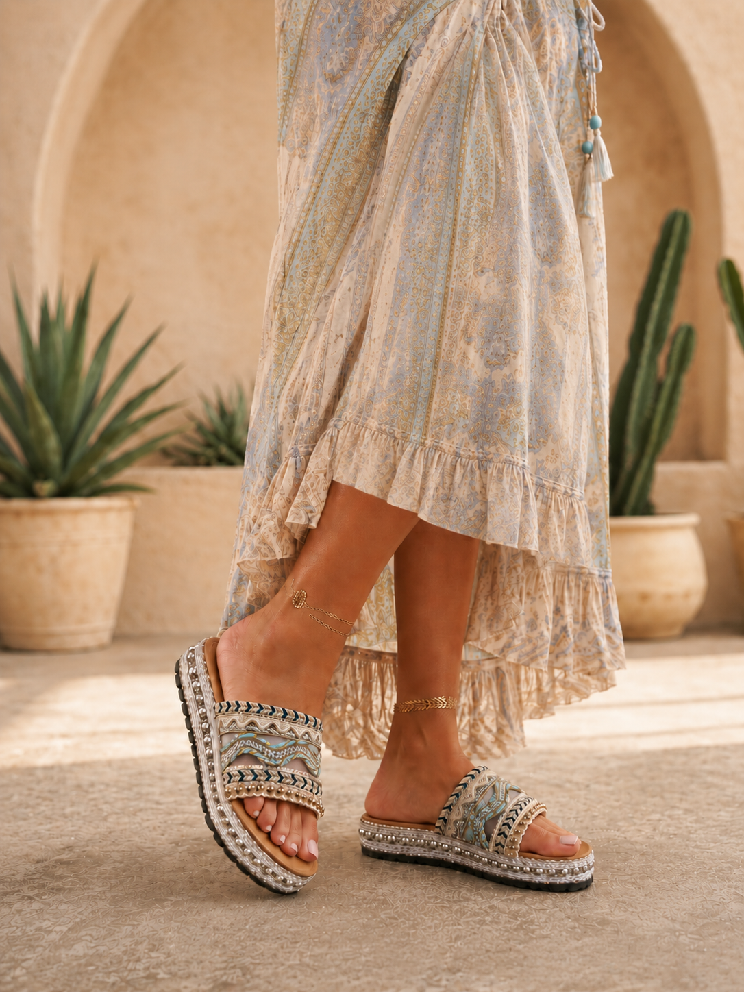 Sandale Bohème Chic Bleu & Argent